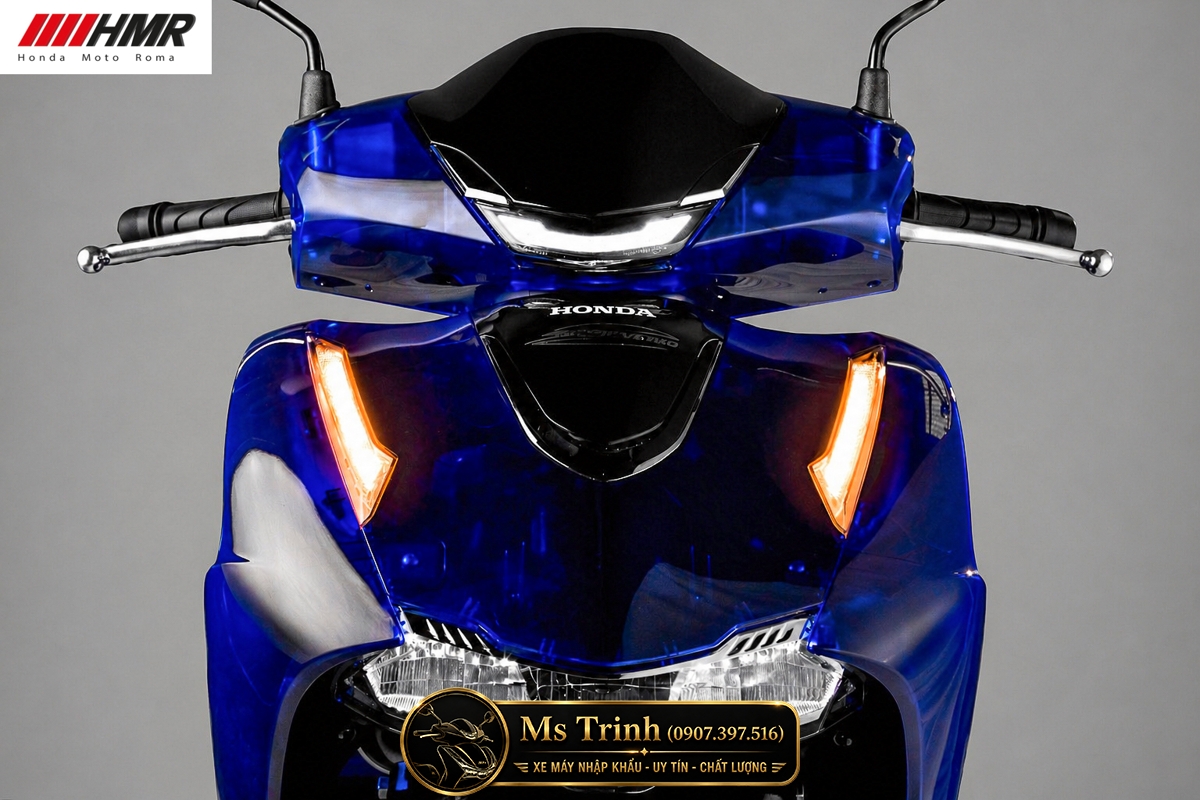 Mặt trước Honda SH150i Vetro Blue 2026 nổi bật với đèn LED ban ngày sắc sảo